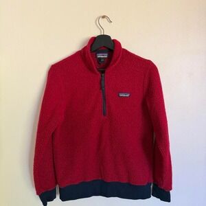 Patagonia vintage red wool blend fleece quarter zip with navy blue trim small